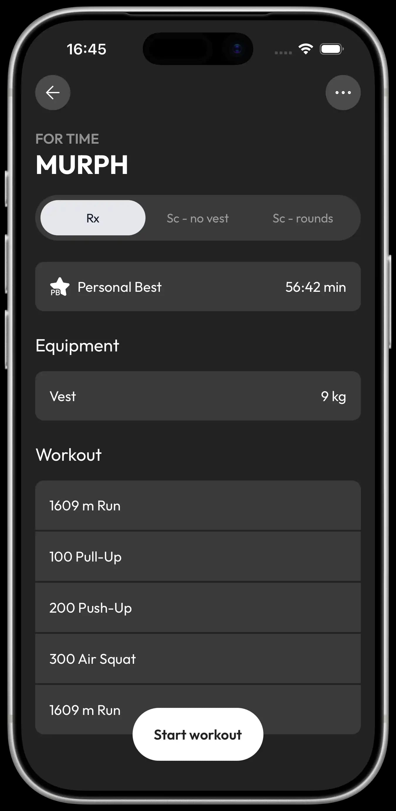 Murph benchmark WOD detail showing Rx and scaled variants, vest weight and personal best