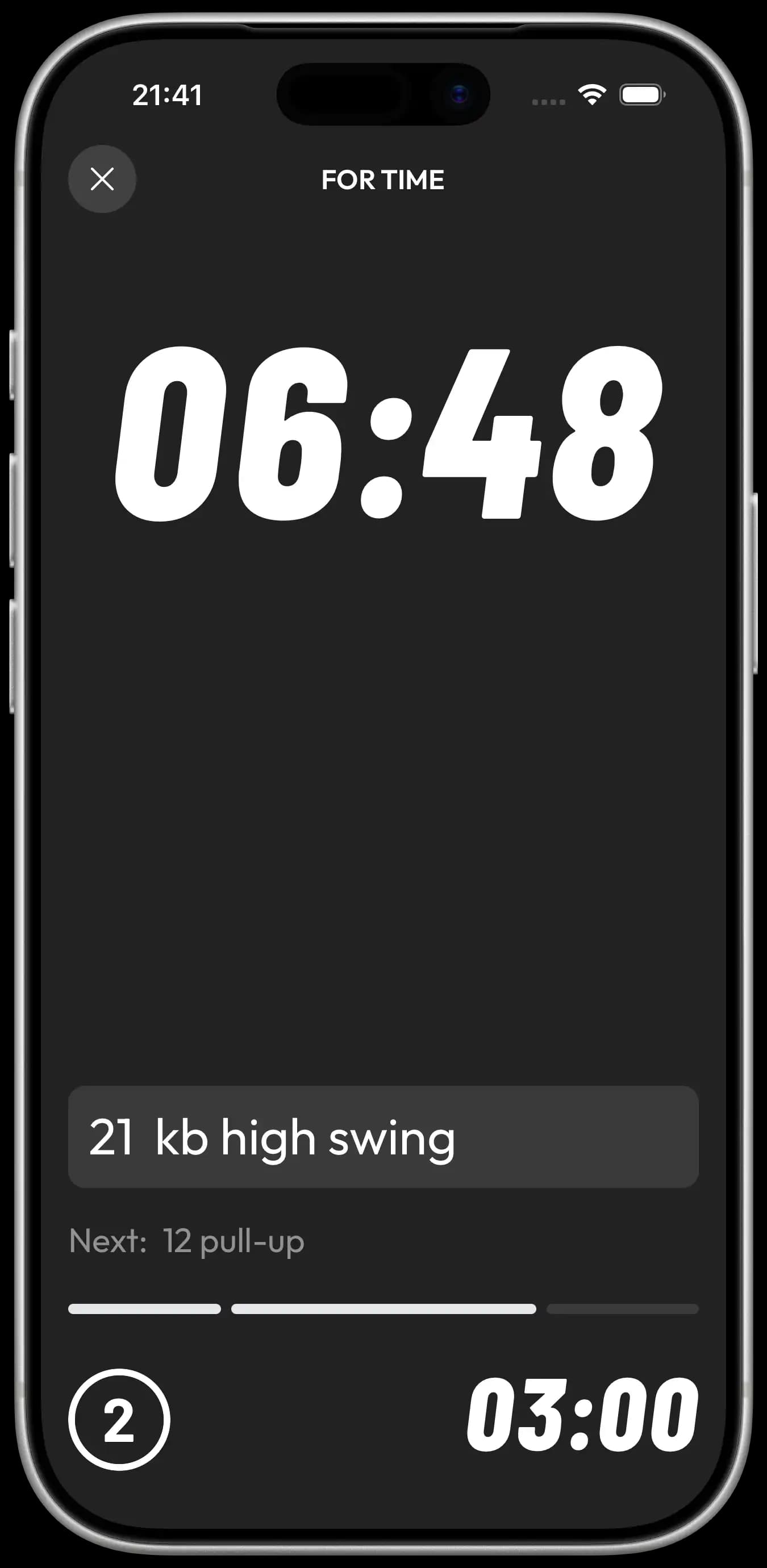 Everground timer mid-workout showing the current movement and the next one